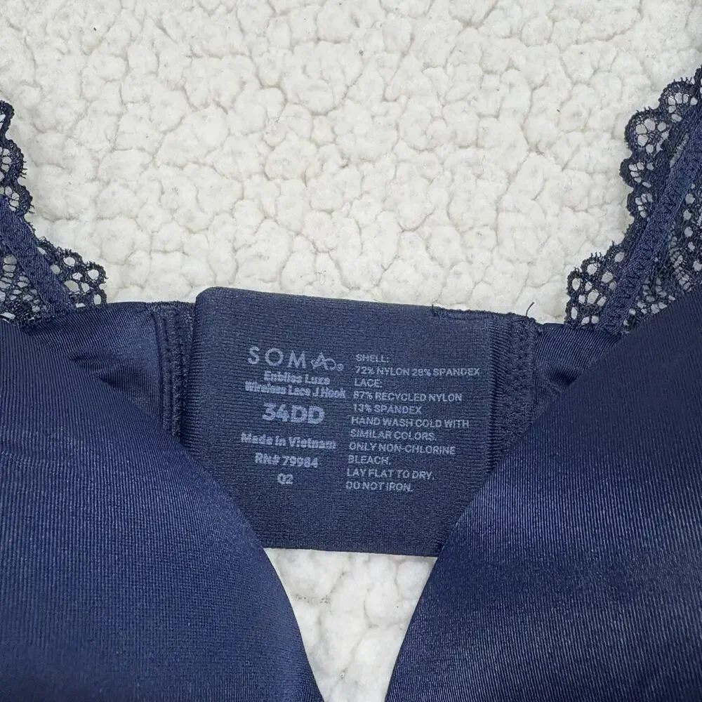 Soma Enbliss Luxe Wireless J Hook Bra 34DD Navy Lace Back Comfort Soft‎